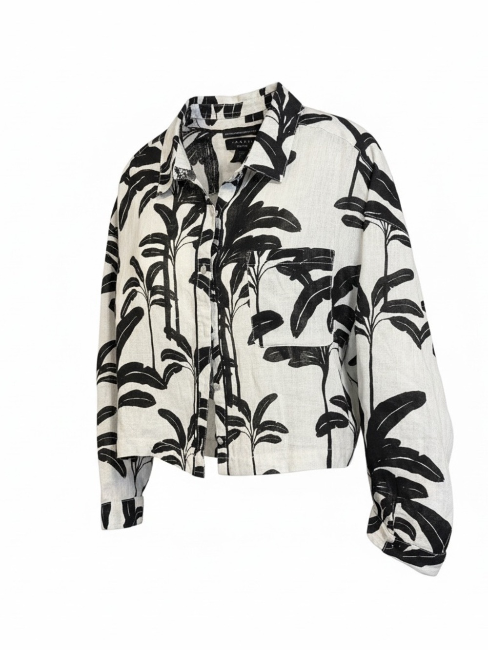 Tahari Black and White Linen Print Button-Up